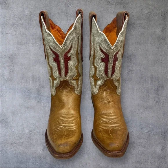 Frye Lilly Short Tan Leather Western Boots Womens 6B Inlay Detail Boho Festival - Picture 3 of 12